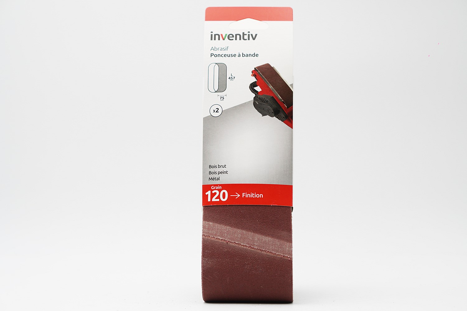 2 bandes abrasif ponceuse à bande 75x457mm Grain 120 - INVENTIV